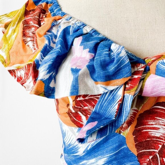 Zara Off Shoulder Blue Yellow Tropical Print Ruffle Bow Front Crop Top Size S - Picture 6 of 6